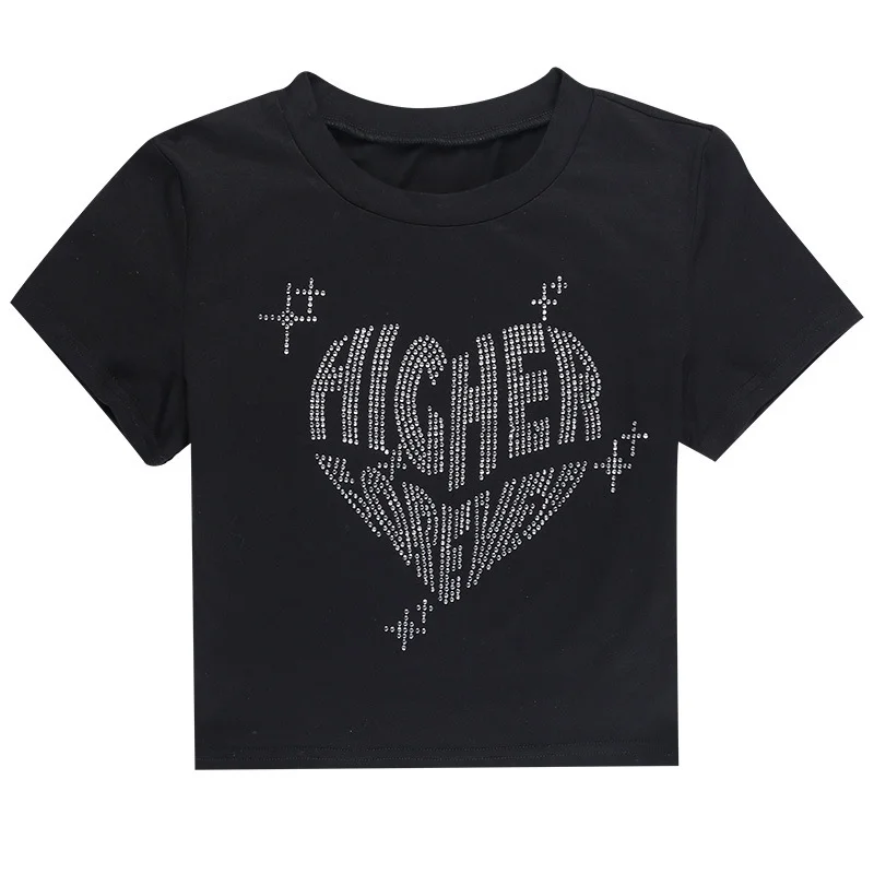 Uveng 2024 New Round Collar Hot Diamond Love Wing Print Short-Sleeved T-Shirt Summer Short Hottie Blouse