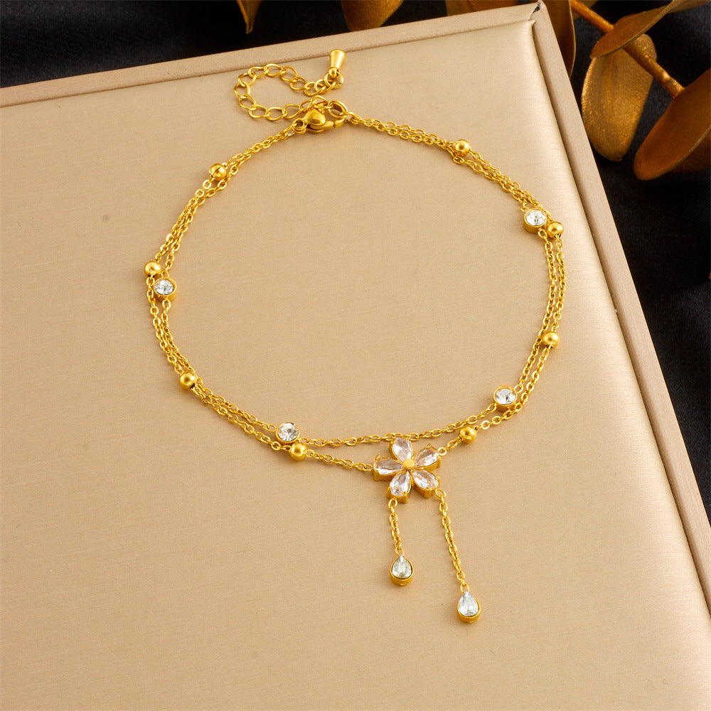 Fashionable Diamond-Studded Five-Petal Flower Chain Tassel Stacking Double-Layer Stainless Steel Gold-Plated Thin Chain Anklet