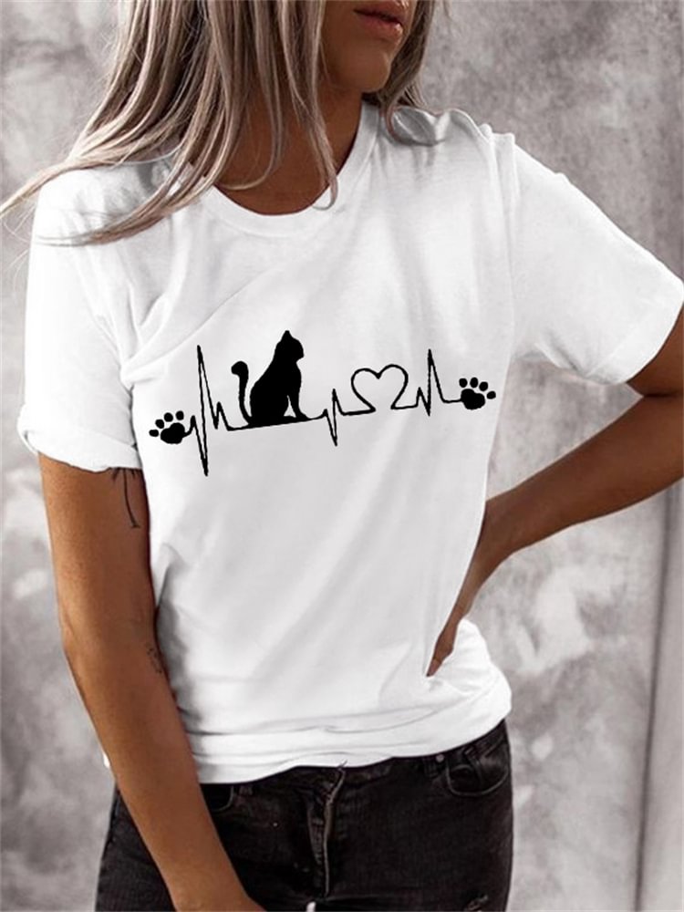 Comstylish Schöne Katze & Pfoten EKG Print T Shirt