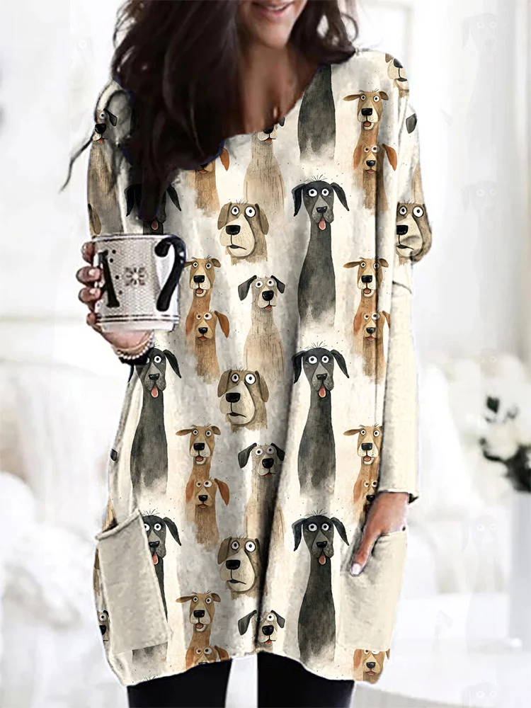 Comstylish Watercolor Hilarious Dogs print Vintage Casual Cozy Long Sleeve T-Shirt