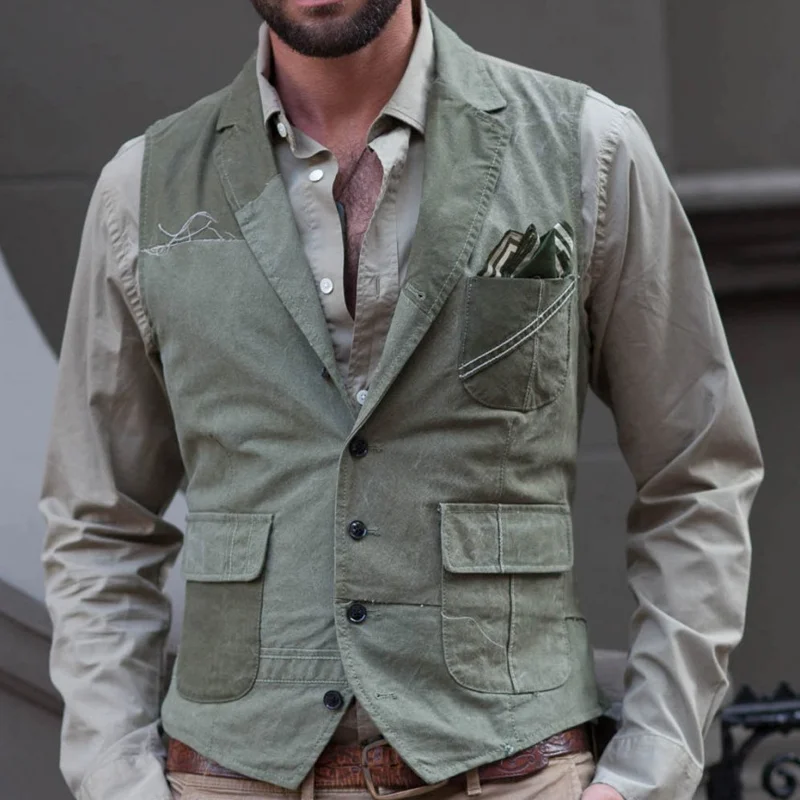Vintage HBT Green Pocket Stitching Single Breasted Vest