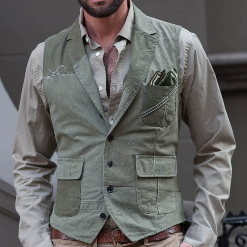 Vintage HBT Green Pocket Stitching Single Breasted Vest