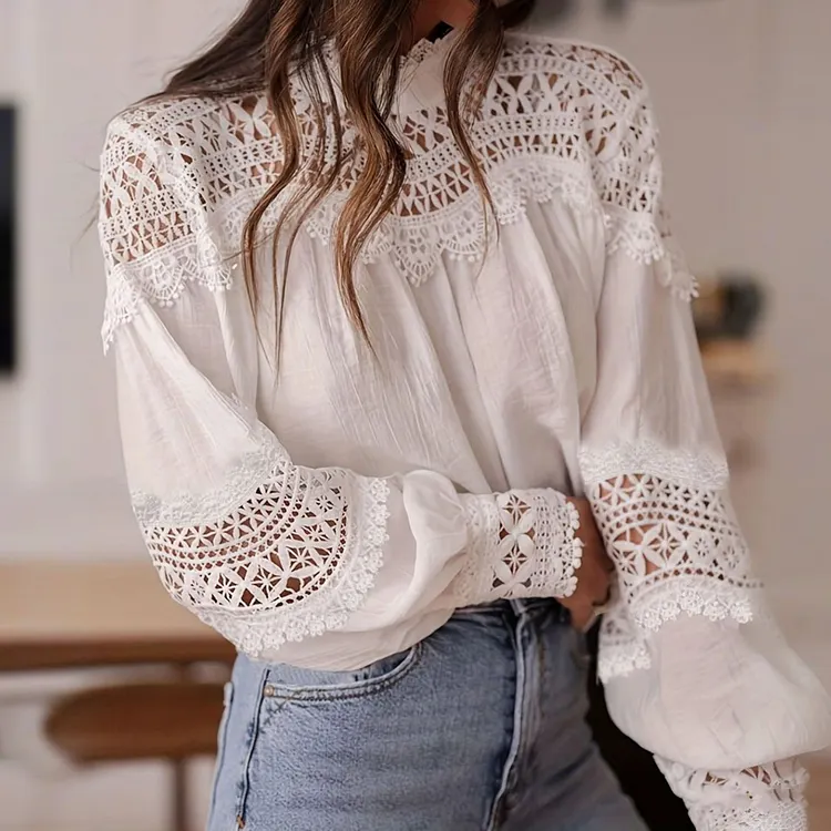 Women's Elegant Floral Lace And Linen High Collar Top