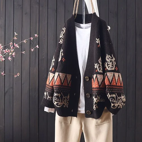 Women sweater knitted jacquard V-neck long-sleeved loose literary retro button pattern cardigan jacket