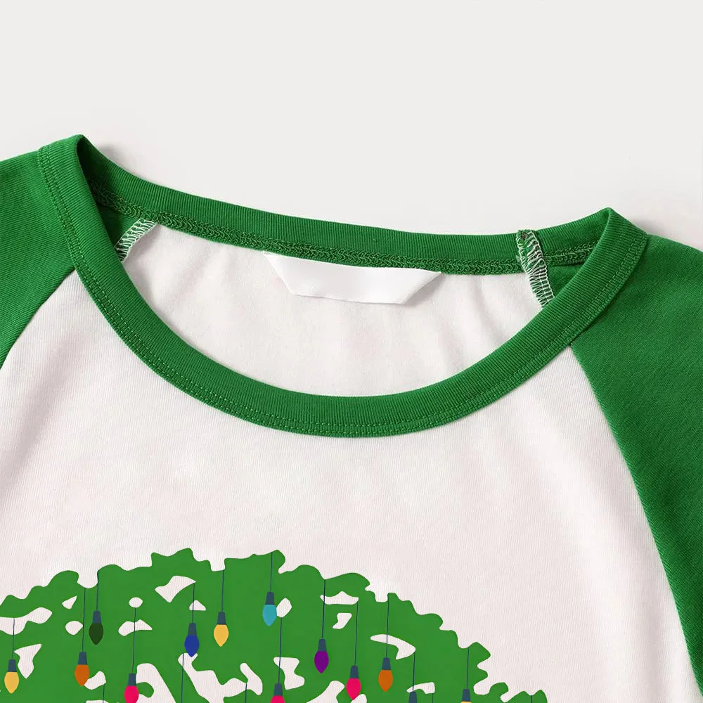 Family Christmas Shirts Christmas Tree Animal Kingdom Animal Kingdom Patterned and 'ROCKIN AROUND THE CHRISTMAS TREE' Letter Print Contrast Tops and Black and Gren Plaid Pants  Family Matching Raglan Long-sleeve Pajamas Sets
