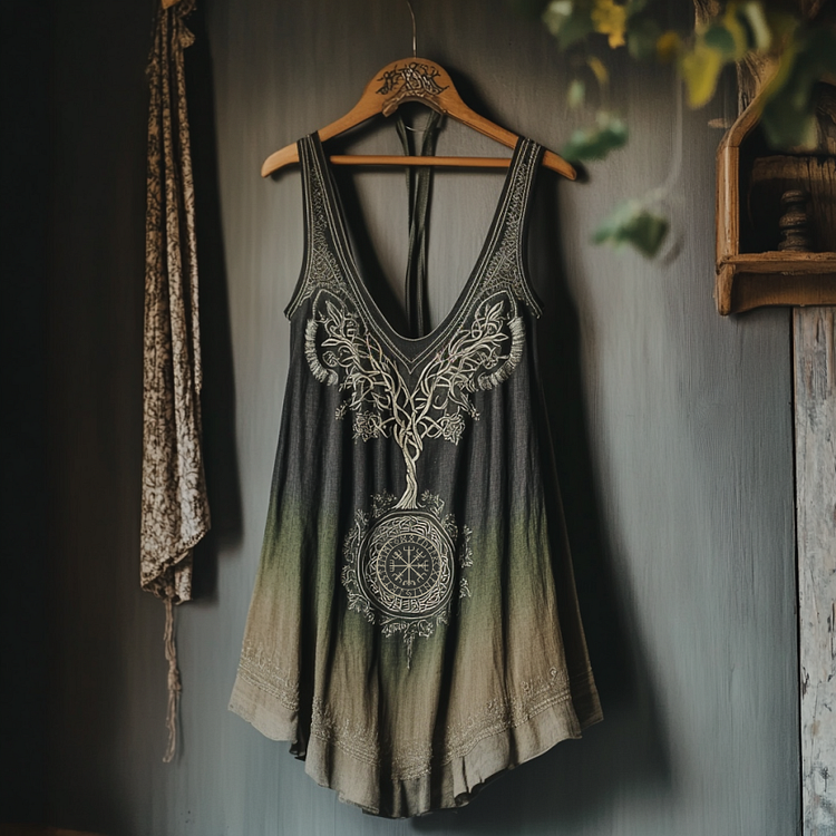 VChics Vintage Tribal Celtic Knot Life Of Tree Gradient Art Print Women's Linen Tank Top