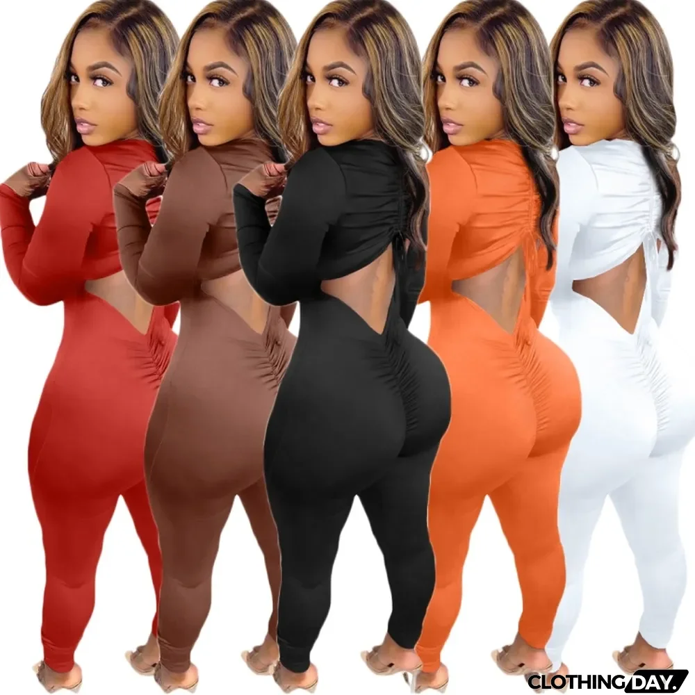 Spring Black Sexy Cut Out Scrunch Long Sleeve Party Jumpsuit