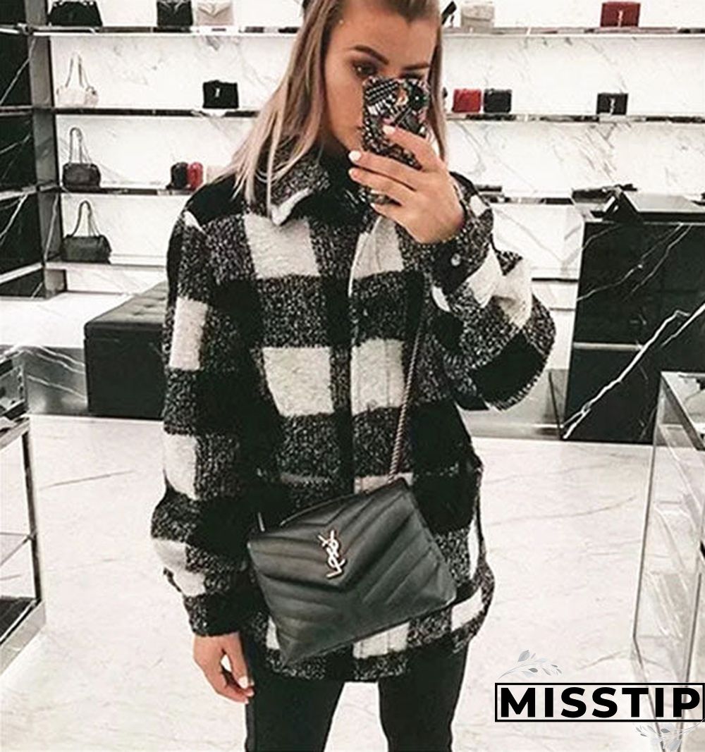 Classic Thick Colorblock Checked Button Down Shirt Jacket Woolen