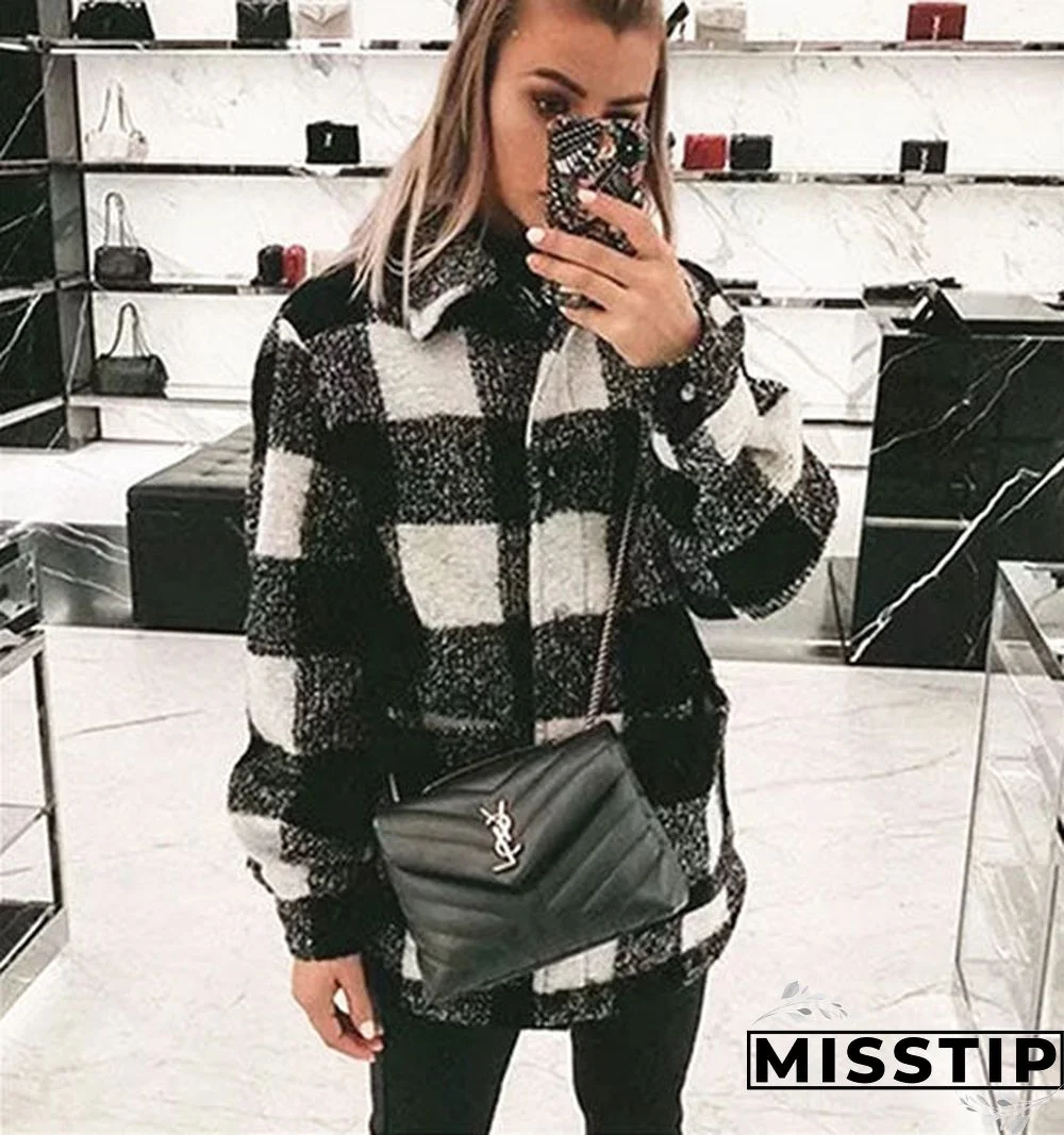 Classic Thick Colorblock Checked Button Down Shirt Jacket Woolen