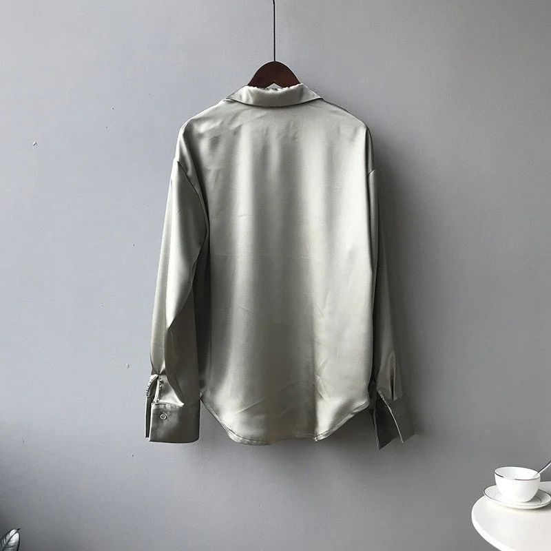 Satin Shirts Fashion Long Sleeve Blouse Women Autumn Vintage Button Up White Loose Woman's Shirts Female Silk Shirt Women 11355