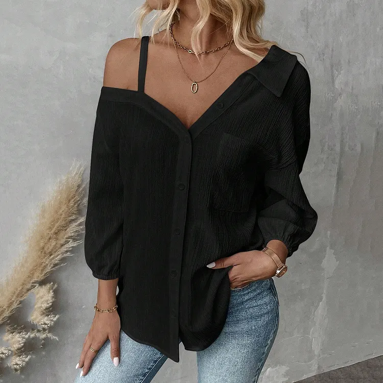 Women's Collared Three-quarter Sleeve Off-shoulder Cardigan With Textured Casual Top