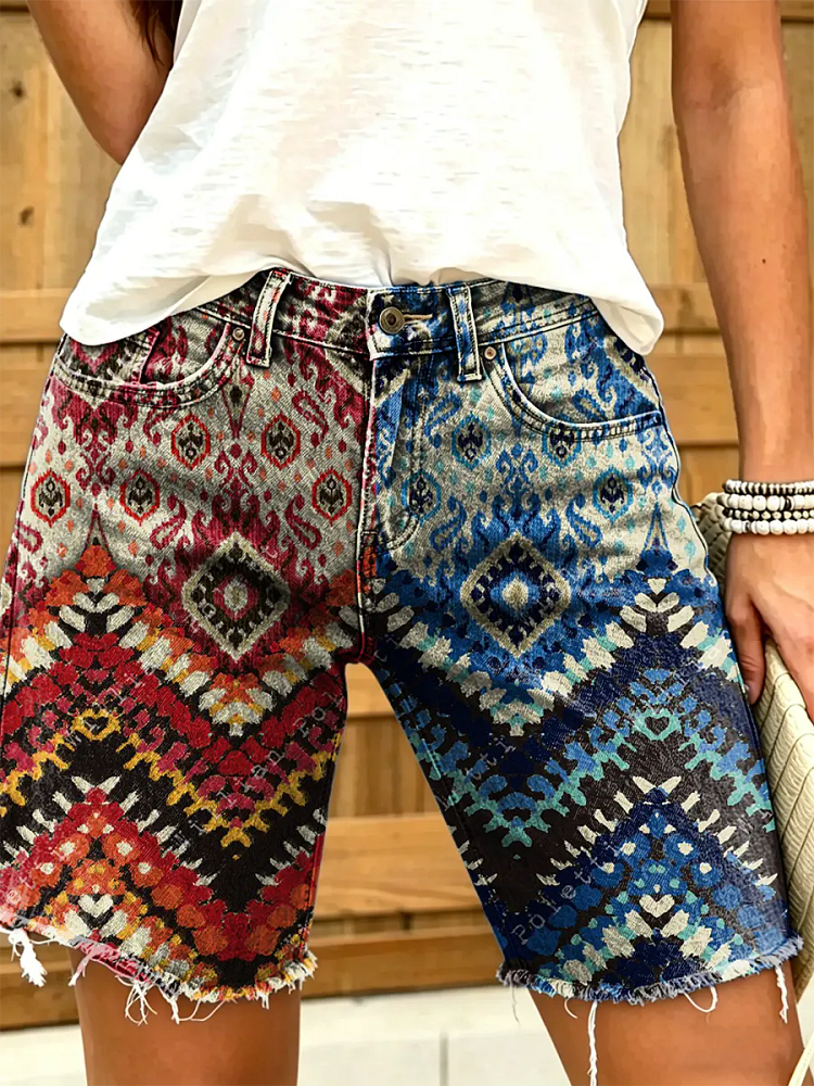 Women's Vintage Print Denim Shorts