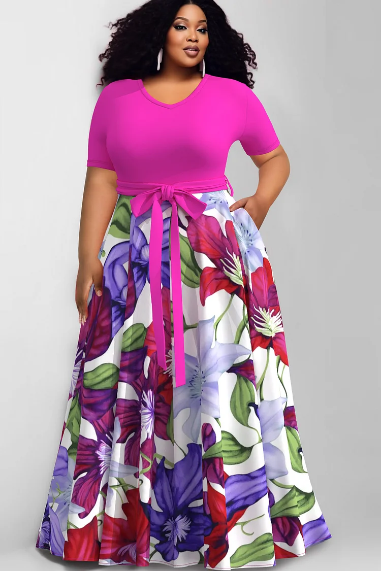 Xpluswear Design Plus Size Magenta Daily Floral Print Short Sleeve Pocket Maxi Dresses 