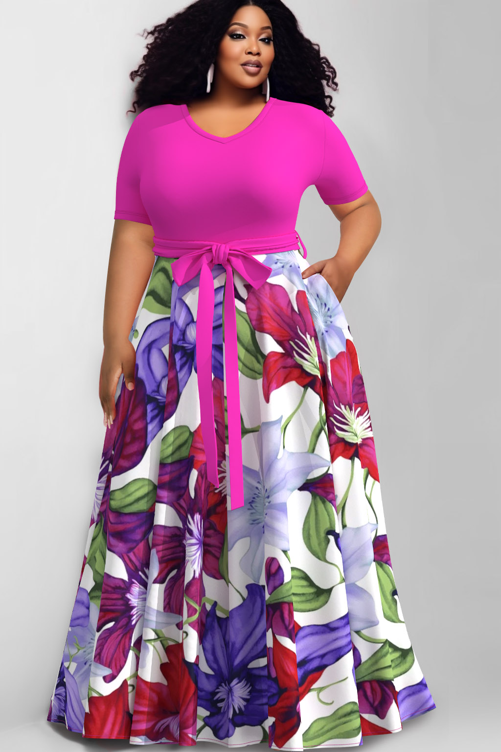 Design Plus Size Magenta Daily Floral Print Short Sleeve Pocket Maxi Dresses [Pre-Order]