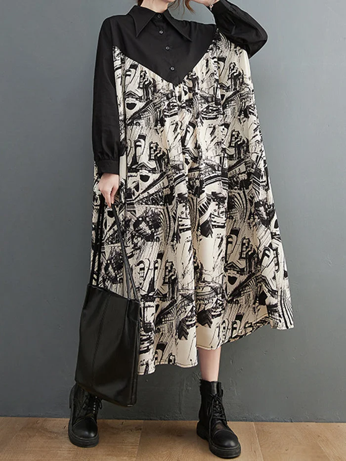 Fashion Cotton Linen Shirt Patchwork Print Dress
