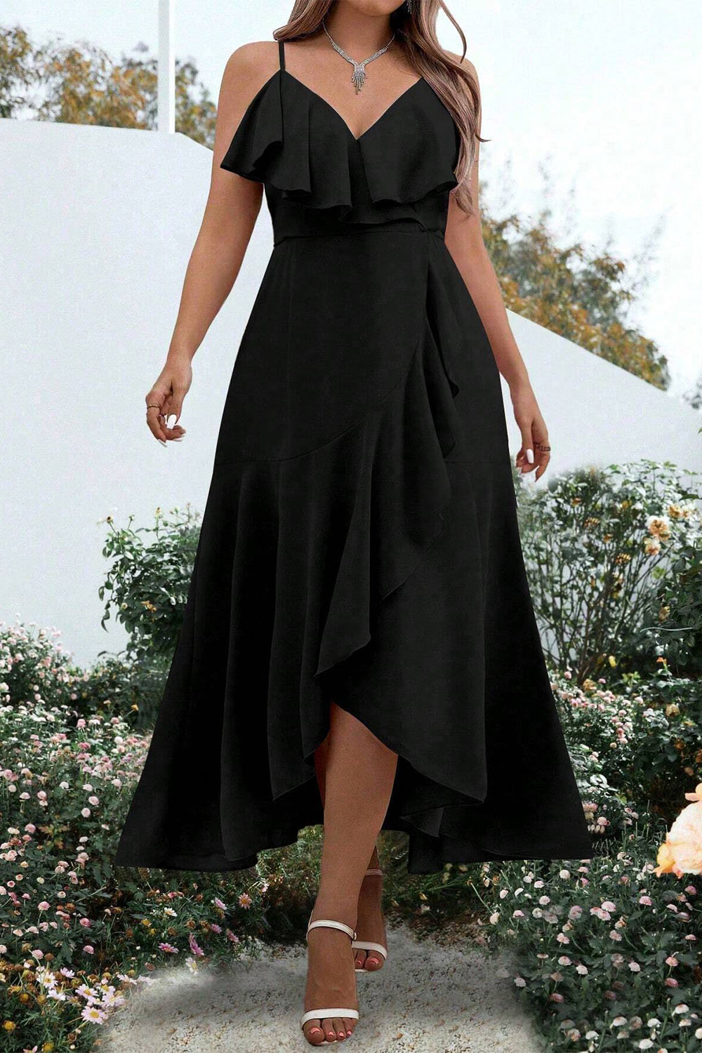 Plus Size Everyday Black Ruffle Asymmetrical Hem Cami Maxi Dress 2024 - Flycurvy 