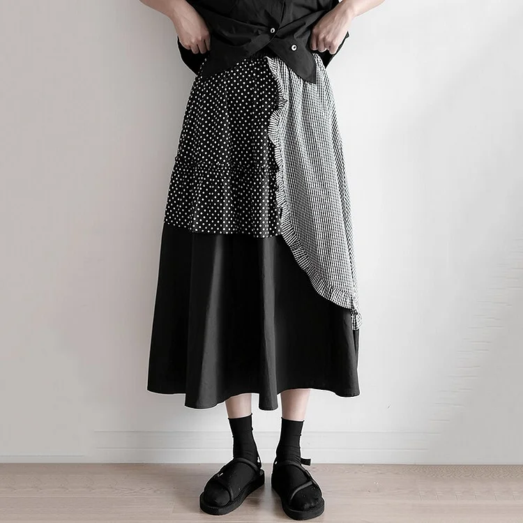 Stylish Asymmetrical Polka Dot Splicing Plaid Printed Patchwork Skirt       