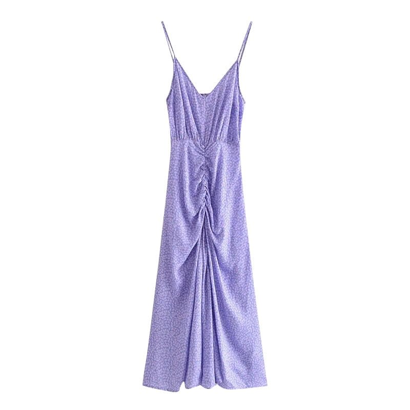 KPYTOMOA Women 2021 Chic Fashion With Draped Print Midi Dress Vintage Backless Zipper Thin Straps Female Dresses Vestidos Mujer
