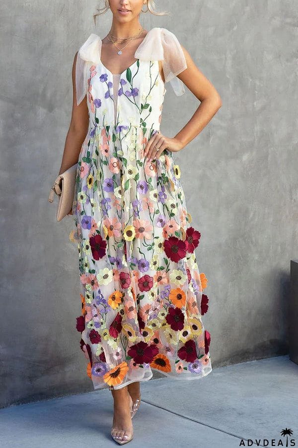 Summertime Blooms Floral Applique Adjustable Shoulder Tie Midi Dress