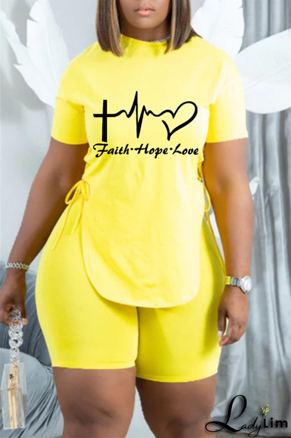 Khaki Fashion Casual Print Bandage Slit O Neck Short Sleeve Two Pieces