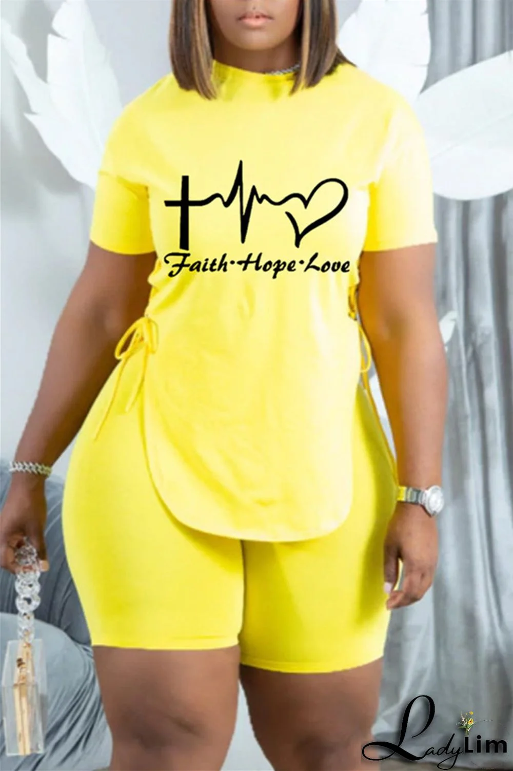 Khaki Fashion Casual Print Bandage Slit O Neck Short Sleeve Two Pieces