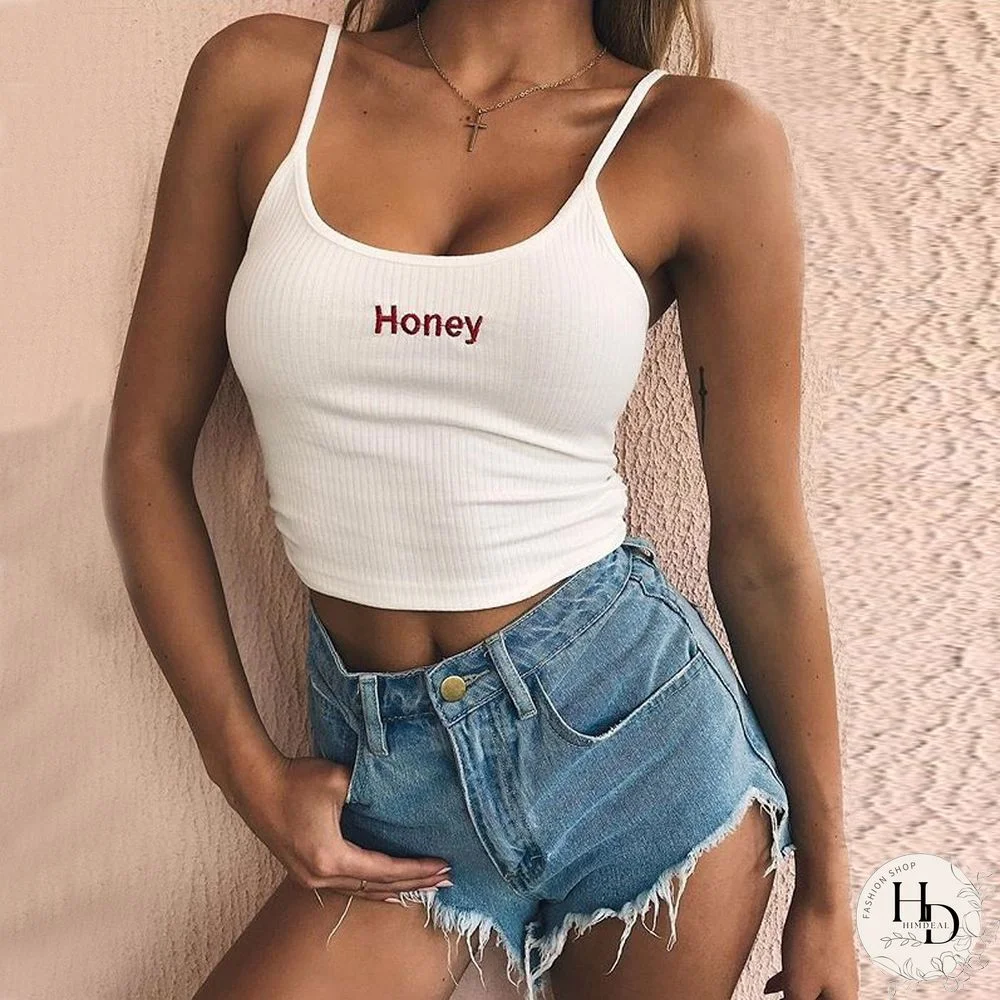 Sexy Women Crop Top Summer Honey Letter Embroidery Strap Tank Tops Cropped Feminino Ladies Elastic Shirt Vest Camisole
