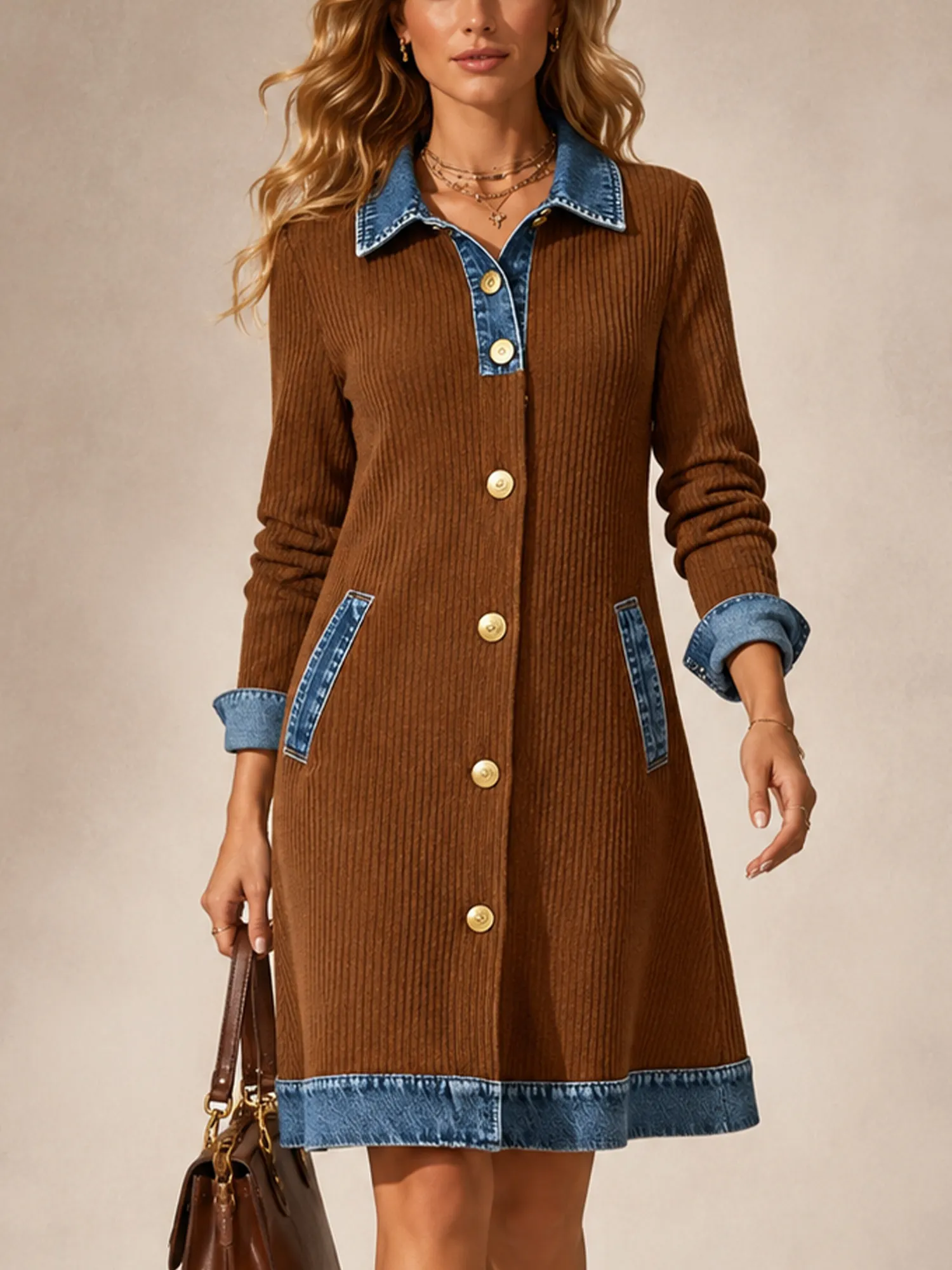 Ideal Autumn Country Road Trip &mdash; Patchwork Long-Sleeved Striped Corduroy midi dress for Women