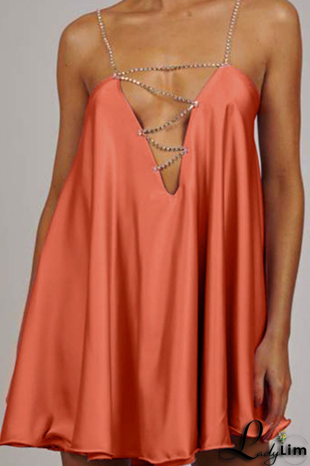 Light Blue Sexy Solid Patchwork Chains Asymmetrical Spaghetti Strap A Line Dresses