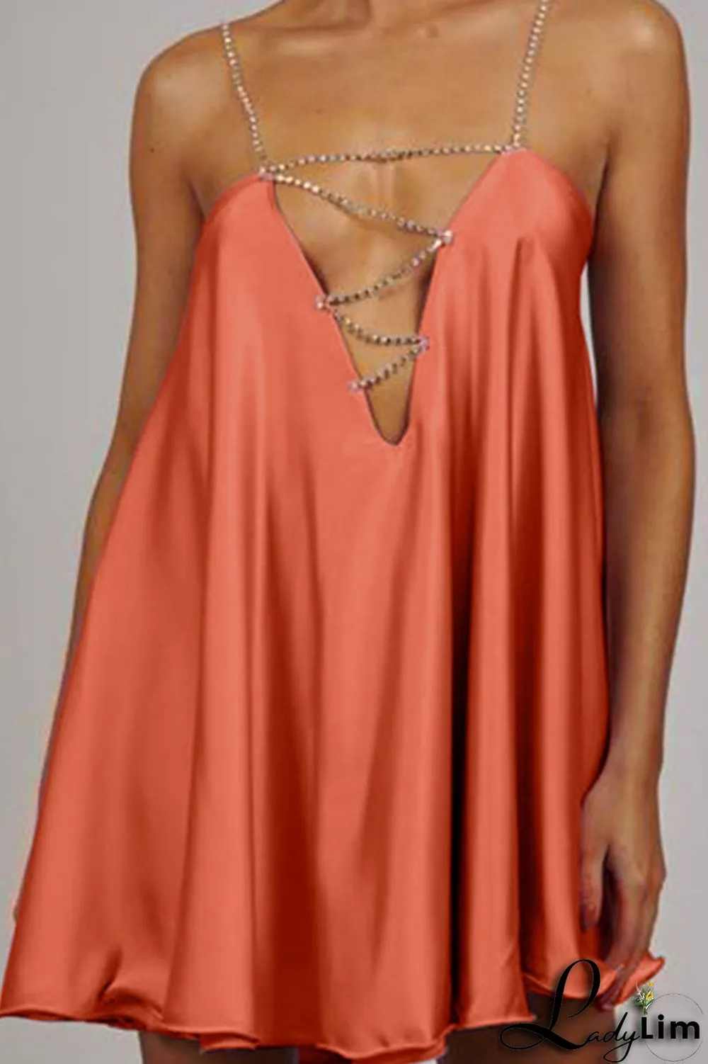 Light Blue Sexy Solid Patchwork Chains Asymmetrical Spaghetti Strap A Line Dresses