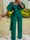 Stylish Belted High Waisted Puff Sleeves Jumpsuit