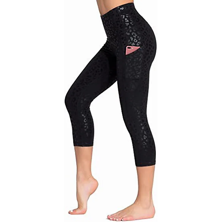 Women's High Waist Side Pockets Leopard Capri Yoga Leggings