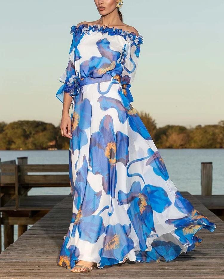 Floral print holiday off-the-shoulder maxi dress