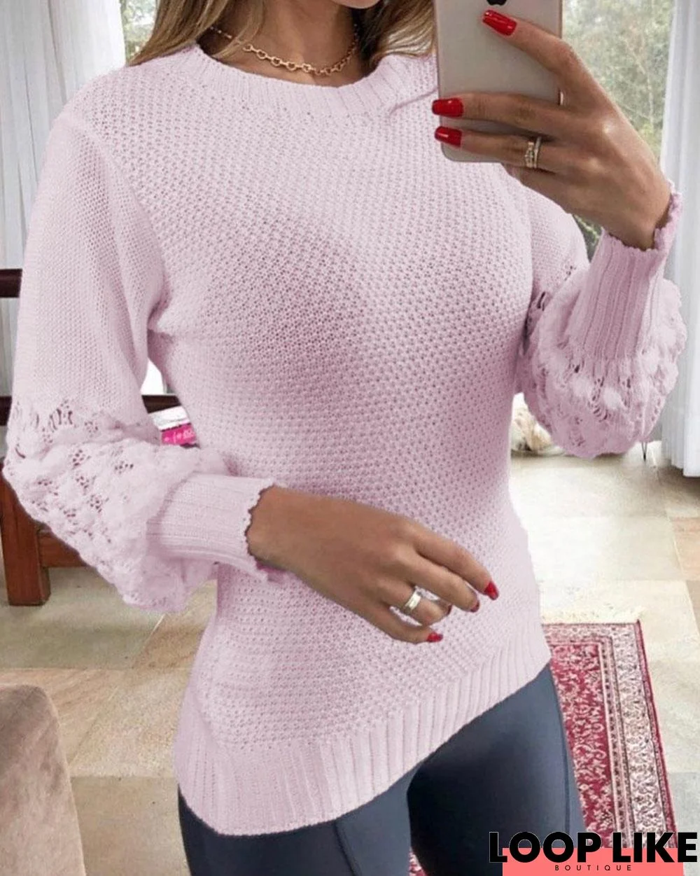 Hollow-Out Knitted Lantern Sleeve Sweater