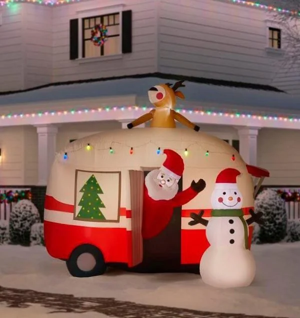 🔥kukelife🔥Christmas-7 ft pre lit inflatable jolly holiday camper with santa and snowman