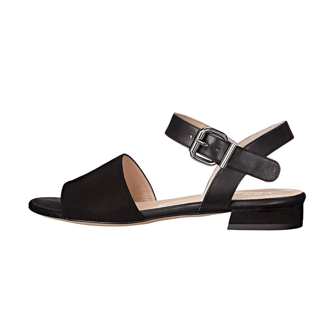 Round Toe Buckled Ankle Straps Flat Black Sandals for Women