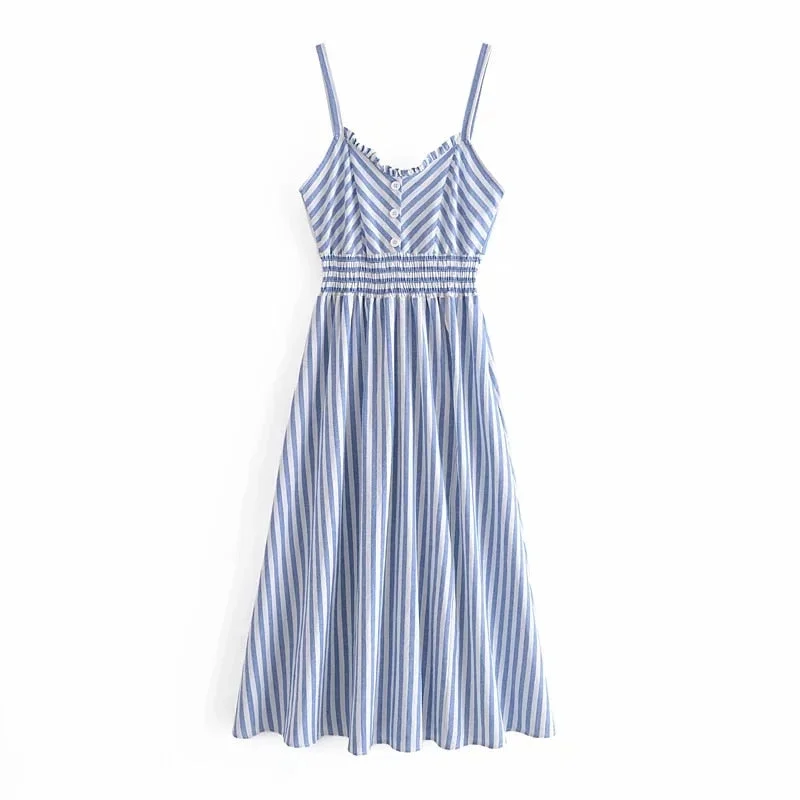 Za Summer Women's Dresses Camisole Striped High Waist Sleeveless Vintage Female V neck Button Vestido Mujer 2021 Casual Backless