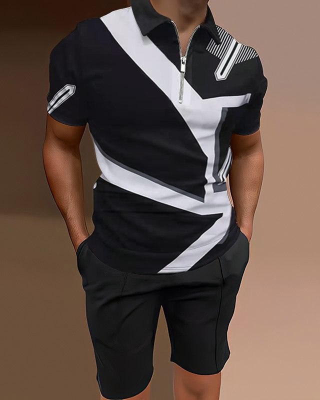 Men's Polo Shirts Casual Colorblock Two Piece Set