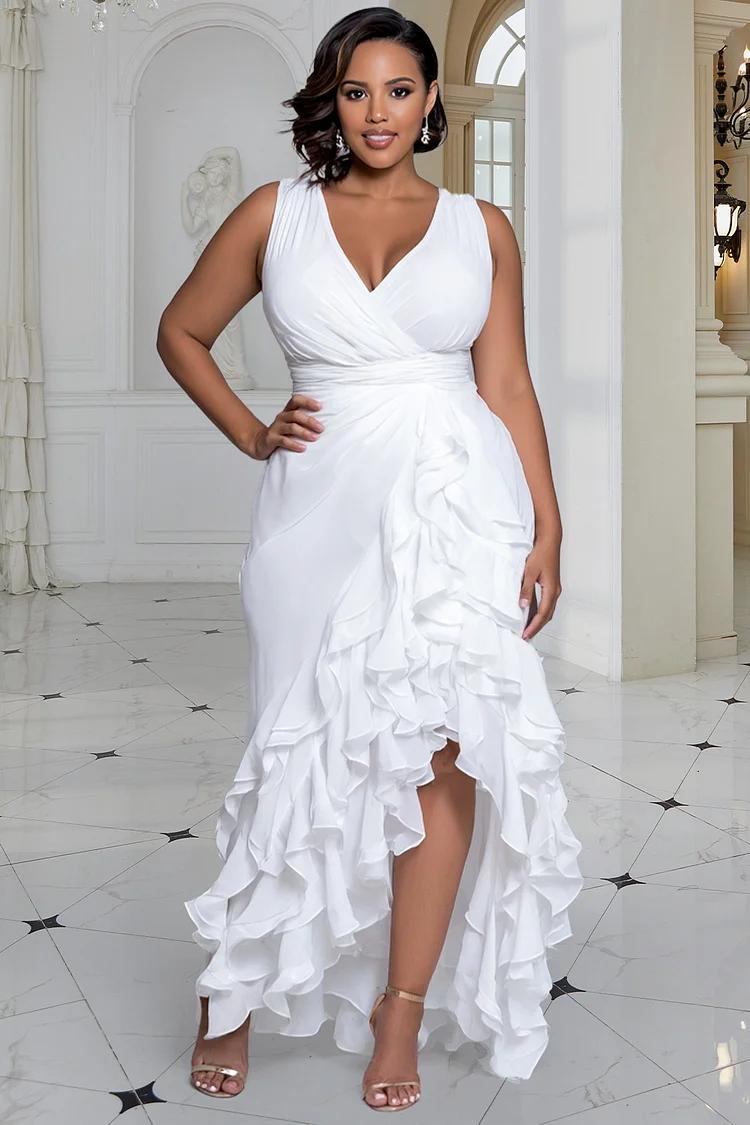 Xpluswear Design Plus Size Wedding White Wrap Neck Ruffle Tiered Chiffon Maxi Dresses 2024 - Xpluswear