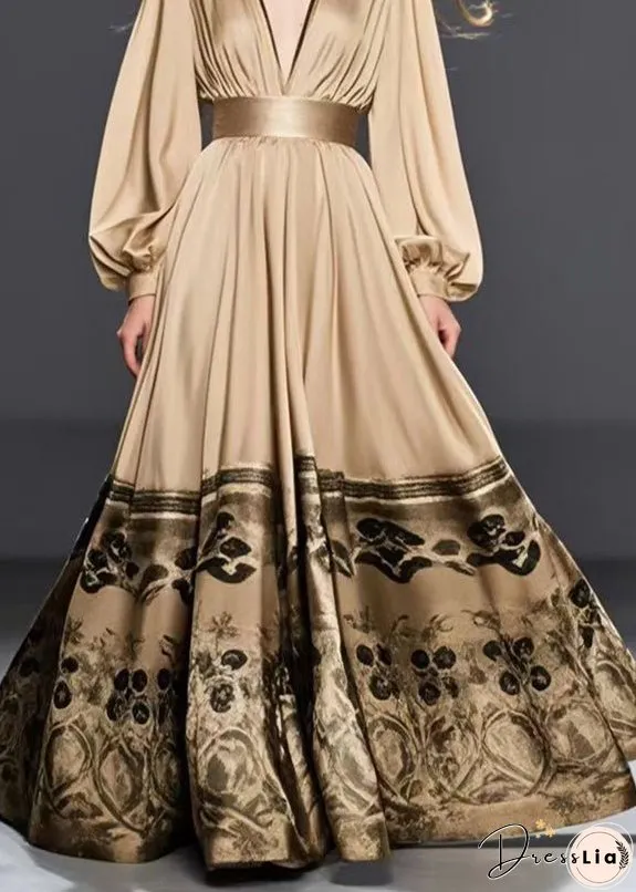 Women Golden Cinched Print Silk Maxi Dresses Fall