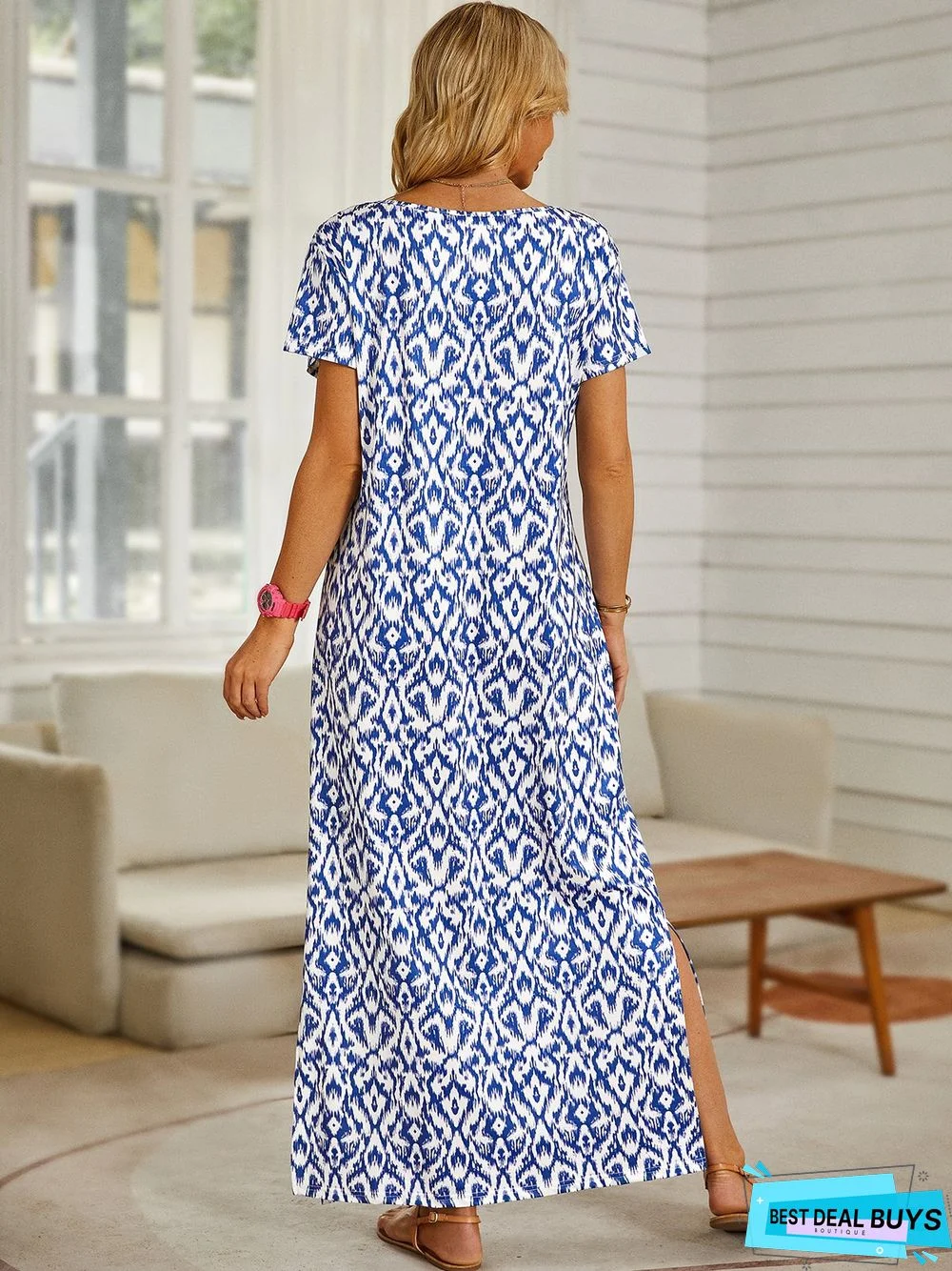 Boho Tribal Floral Geometric Casual Loosen Scoop Neckline Short Sleeve Midi Knit Dress