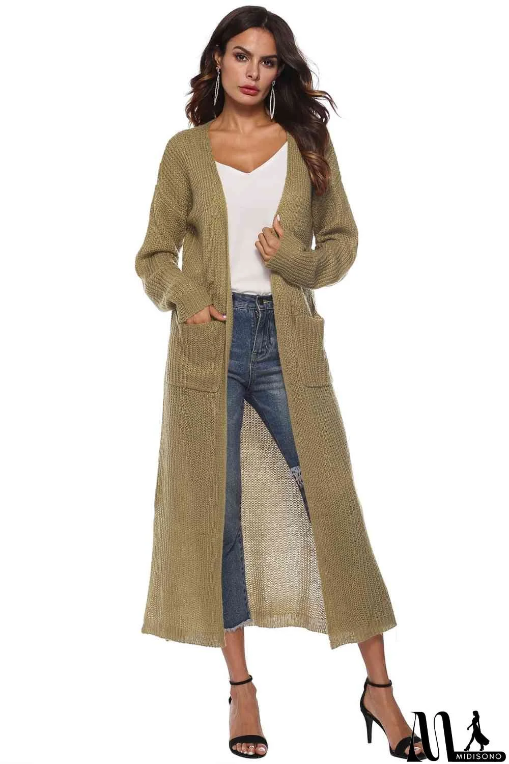 MidiSono - Long Sleeve Open Front Buttoned Cardigan