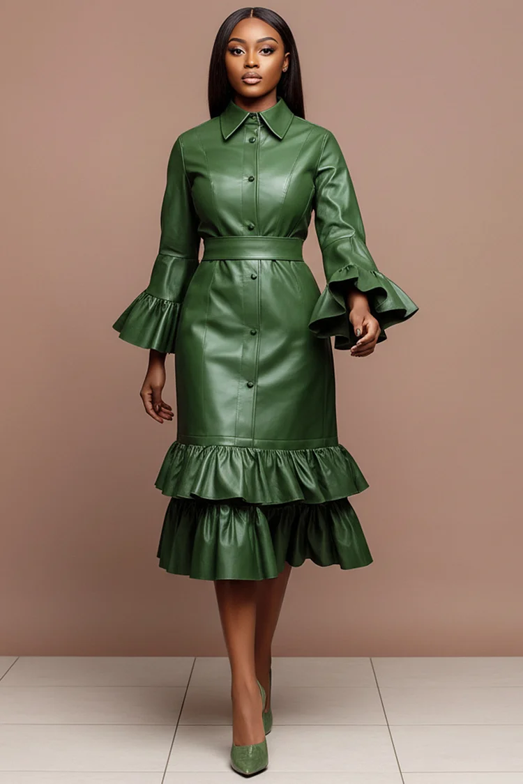 Xpluswear Design Plus Size Business Casual Green Shirt Collar Flare Long Sleeve Ruffle Elegant Bodycon PU Leather Midi Dresses 2024 - Xpluswear