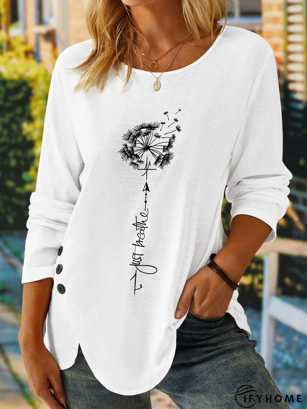 Casual Dandelion Long Sleeve Crew Neck Printed Tunic Top T-shirt | IFYHOME