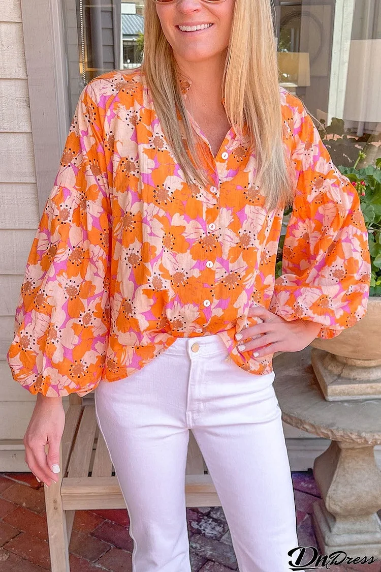 Printed Balloon Sleeve Top