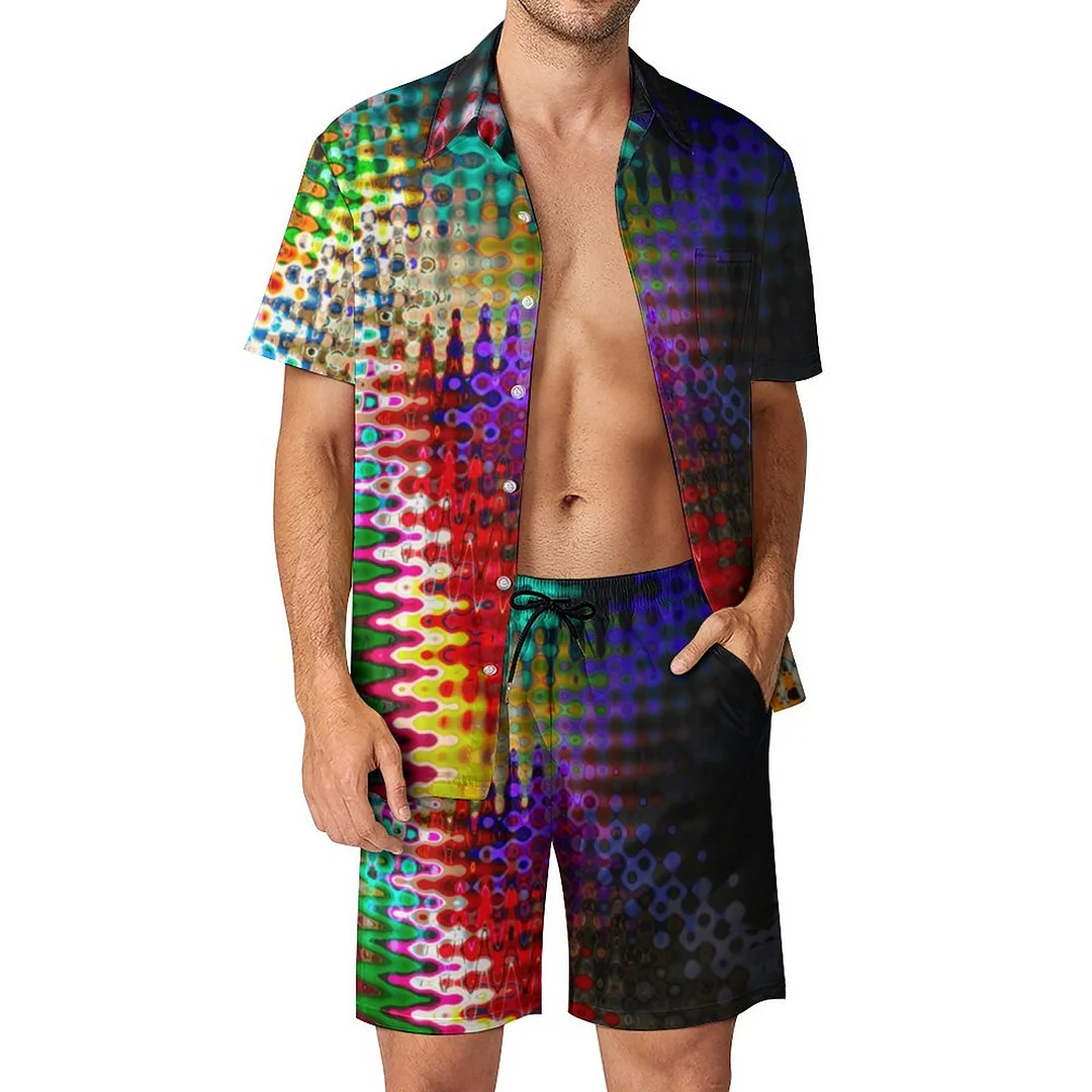Bootyliscious Liquid Rainbow Cloud Paint Men Hawaiian Button Down 2 Piece Shirt Shorts Set Beach Tropical Hawaii Suits