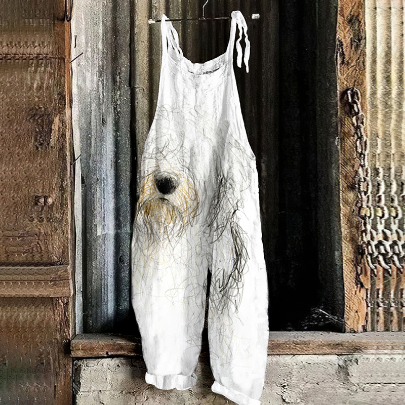 Comstylish Retro Old English Sheepdog Art Graphic Print Loose Jumpsuit
