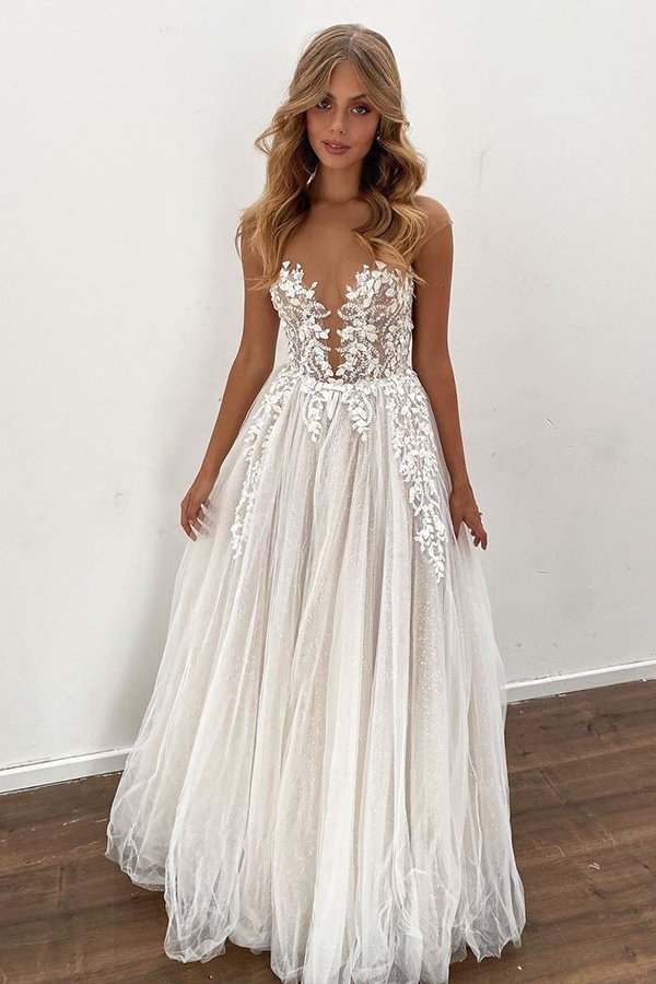 Charming Floor Length Sheer A-line Wedding Dress With Tulle Appliques | Ballbellas Ballbellas