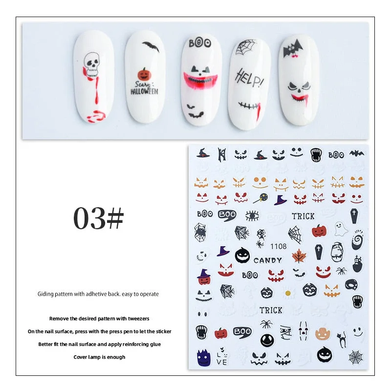 Halloween 3D Nail Stickers Skeleton Pumpkin Design Adhesive Nail Transfer Sliders Paper Autumn Winter DIY Nail Art Decoration