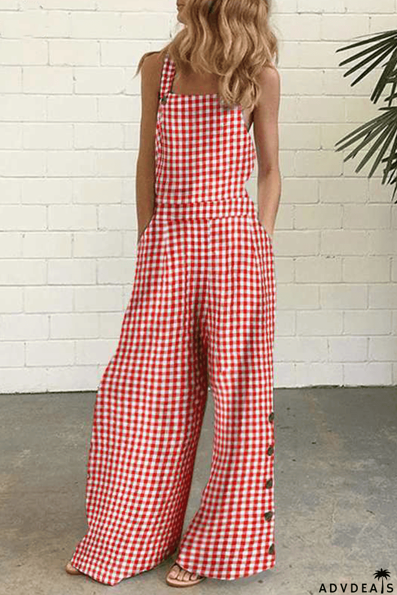 Casual Plaid Buttons Square Collar Straight Jumpsuits(4 Colors)