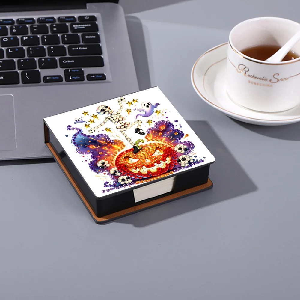 5D DIY PU Diamond Art Note Box with 160 Sheets Paper Memo Pad Holder (Skull)